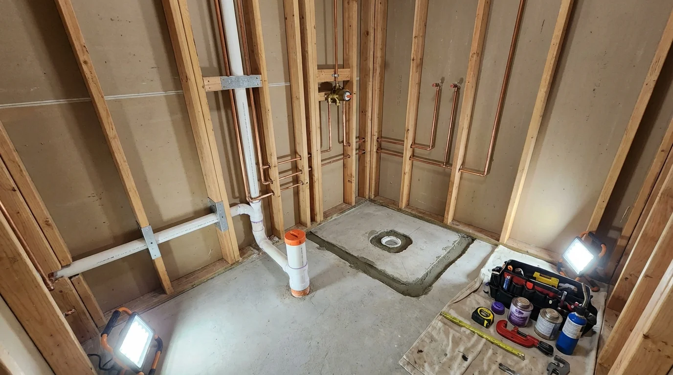 Bathroom rough-in plumbing during remodel by Johns Plumbing LLC in White Pigeon