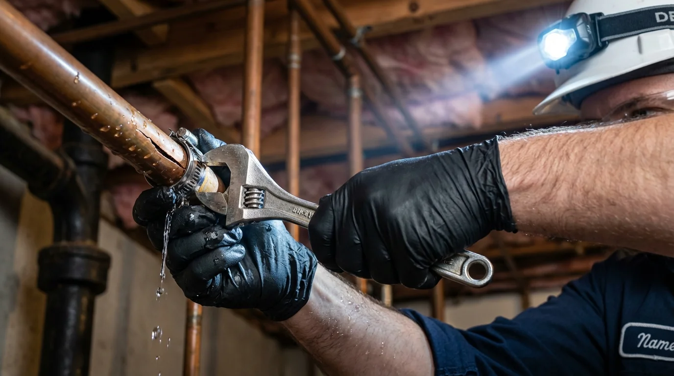 Emergency pipe clamp repair being performed by a Johns Plumbing LLC plumber in White Pigeon