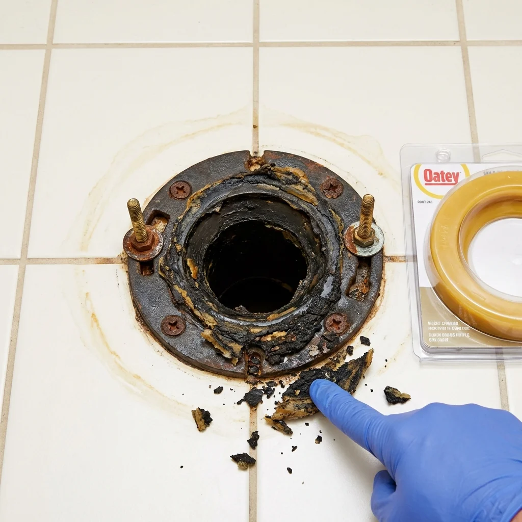 Failed wax ring showing water seepage at the base of a toilet in a White Pigeon, MI home