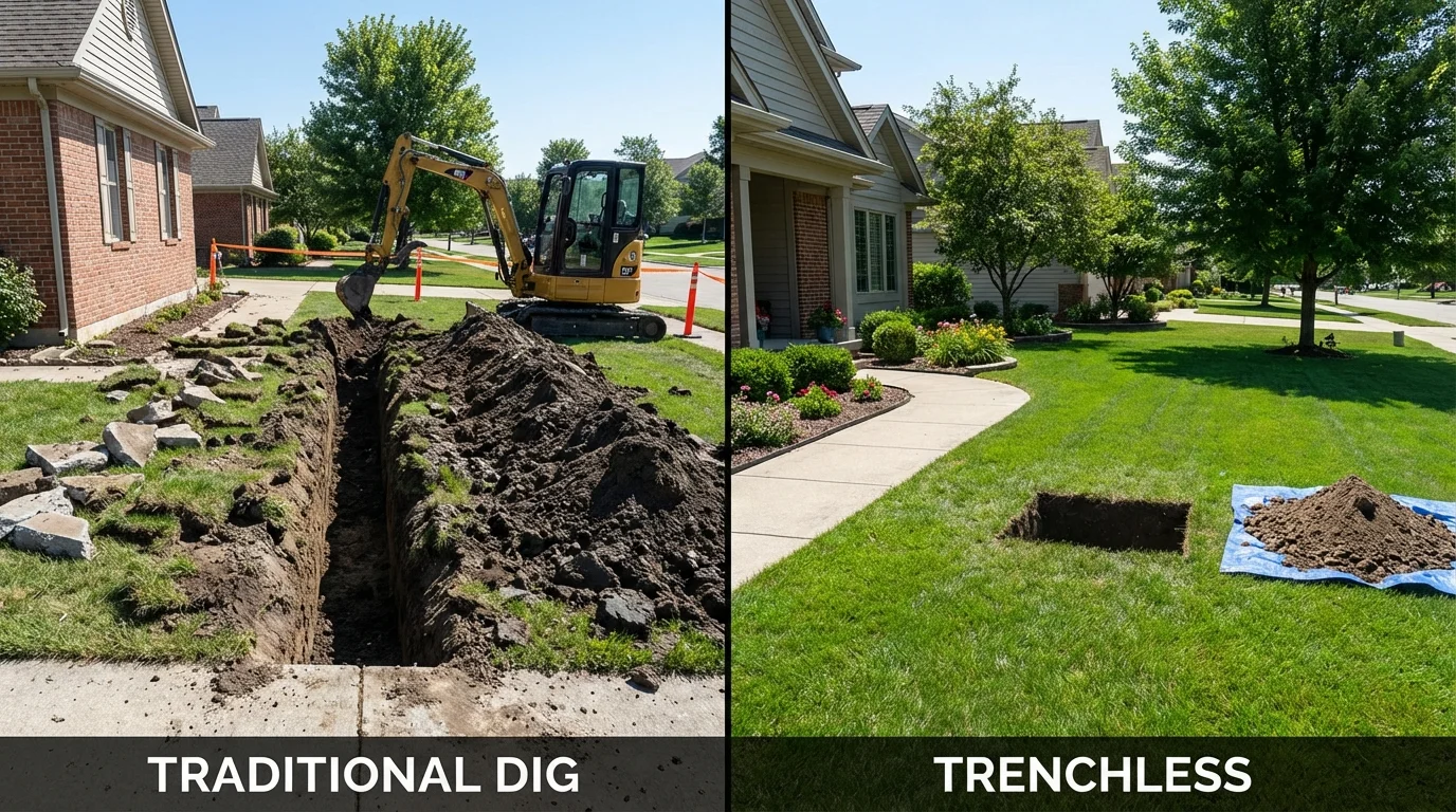 Trenchless sewer repair with minimal yard damage versus traditional excavation in White Pigeon, MI